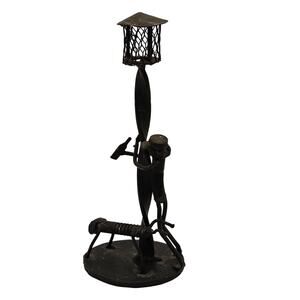 VTG Whimsical Mid-Century Hand Forged Metal Art Man and Dog Leaning on Lamppost